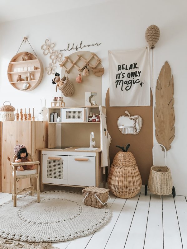 Rattan kidsroom in neutral and warm tones natural rattan dollchair toys